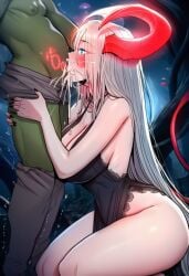 ai_generated ass big_ass big_breasts blonde_female blonde_hair blowjob blowjob_face blowjob_only blue_eyes breasts cum cum_in_mouth cum_on_face demon fantasy goblin goblin_male ksyra ksyraarts long_hair magic monster succubus succubus_horns tattoo