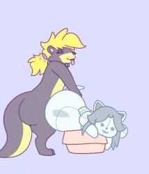 accessory ambiguous_gender animate_inanimate anthro ass black_body blonde_hair box butt_grab button_(fastener) button_eyes cardboard cardboard_box collar container duo facial_piercing female feral from_behind_position hair hair_accessory hair_tie hand_on_butt hi_res intersex intersex/female jellybeankofi looking_pleasured mammal multicolored_tongue mustelid nose_piercing nose_ring otter penetration piercing plushie ring_piercing roffa sex stitch_(sewing) temmie_(undertale) tongue tongue_out undertale undertale_(series) vaginal_penetration x-ray_view yellow_body