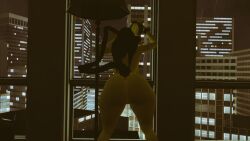3d_(artwork) against_surface against_window anthro ass big_butt black_hair breasts city city_background curvy_figure digital_media_(artwork) female genitals hair inside isazicfazbear lamp leaning_on_window long_hair looking_away night nude on_glass prehensile_tail raining rear_view solo standing tail thick_thighs unknown_species vulva window