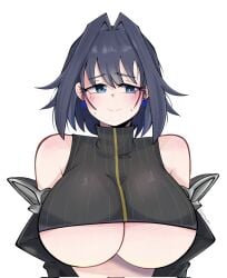 1girls 2026 bare_shoulders big_breasts blue_eyes blue_hair blush breasts clothed clothing color colored digital_media_(artwork) earrings female female_only gomu4rt hi_res hololive hololive_english hololive_english_-council- hololive_english_-promise- huge_breasts light-skinned_female light_skin looking_away nervous nervous_smile ouro_kronii short_hair simple_background smile solo sweat sweatdrop viewed_from_above virtual_youtuber vtuber white_background