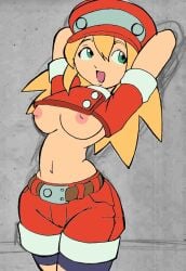 1girls armpits arms_behind_head big_breasts blonde_hair breasts breasts_out busty clothing exposed_breasts female green_eyes hat large_breasts legs mega_man mega_man_legends navel nipples pale_skin pose posing roll_caskett short_hair smile thighs wardrobe_malfunction