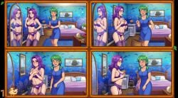 abigail_(stardew_valley) ai_generated aroused aroused_face bed bedroom blue_dress blush bra caroline_(stardew_valley) caught_by_mother caught_off_guard comic comic_page comic_panel covering_breasts daughter embarrassed green_eyes green_hair incest laundry_basket lingerie mother mother_and_daughter nervous no_dialogue older_woman_and_younger_girl panels picture_frame purple_eyes purple_hair purple_lingerie stardew_valley stockings yuri