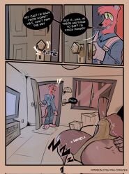 2026 2_panel_comic 3_toes 5_fingers anthro anthro_on_anthro artist_name biped black_nose blue_bottomwear blue_clothing blue_pants blue_shirt blue_topwear bodily_fluids bottomwear box brown_body brown_fur bulge clothed clothing comic container dialogue digital_drawing_(artwork) digital_media_(artwork) don_(dracks) door door_handle doorknob dracks duo electronics ellipsis english_text erection erection_under_clothing evening exclamation_point father_(lore) father_and_child_(lore) father_and_son_(lore) feet fingers fred_(dracks) fully_clothed fur genital_fluids genitals hi_res home humanoid_genitalia humanoid_penis imminent_sex incest_(lore) ineffective_clothing inside intraspecies jockstrap jockstrap_only key leaking_precum light_switch lying male male/male mammal morning_wood motion_lines mustelid musteline navel on_back open_door overalls page_number pants parent_(lore) parent_and_child_(lore) parent_and_son_(lore) penis plant precum question_mark questioning_ellipsis shirt sleeping snoring son_(lore) sound_effects speech_bubble standing television television_glow temptation text throbbing throbbing_penis toes topless topwear tree true_musteline underwear underwear_only url vowelless vowelless_sound_effect weasel whiskers window zzz