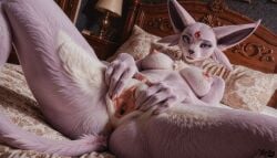 ai_generated anthro bed bedroom breasts eeveelution espeon female inside lying lying_on_bed nipples nude on_back pillow pokemon pokemon_(species) pussy spread_pussy vulva