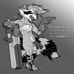 angry anthro balls big_penis bodily_fluids clothing ear_piercing ear_ring feet foreskin fur fuzzy fuzzy_balls genitals gloves guardians_of_the_galaxy gun hair handwear hi_res holding_object holding_weapon humanoid_genitalia humanoid_penis leg_wraps male mammal marvel marvel_rivals monochrome muscular nude open_mouth penis piercing prismanoodle procyonid pubes raccoon ranged_weapon ring_piercing rocket_raccoon simple_background solo sweat tail teeth text tuft weapon wraps yelling