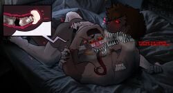 2boys anomaly anomaly_(minecraft) breath breathing creature cum cum_inside flawed_(lewddemon69) gay glasses glowing_eyes guy holding_head huffing laying_down laying_on_back laying_on_bed male minecraft minecraft_anomaly minecraft_horror monster oc oc_x_canon stretched_head teeth teeth_showing tongue tongue_out trans_man