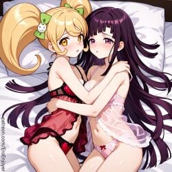 2girls ai_generated aroused blonde_hair blush blushing_at_viewer caught danganronpa embarrassed female female_focus female_only lingerie lingerie_only on_bed patreon pink_lingerie purple_eyes purple_hair red_lingerie saionji_hiyoko tsumiki_mikan yellow_eyes yuri
