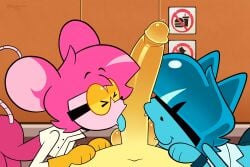 ball_suck blue_tongue bodily_fluids bracelet closed_eyes clothed clothing coat colored detailed_background dragon_ball felid feline felis fellatio female fur genital_fluids genitals gloves goku goommy_(goommymuffin) group group_sex hair handwear hi_res hidden_eyes human jewelry lab_coat male male/female male_human mammal muffin_(goommymuffin) murid murine oral pamaht9 penile penis pink_body pink_fur pink_hair precum prohibition_sign rodent sex sharp_teeth short_hair sign sucking teeth threesome tongue topwear turqouise_body turqouise_fur turqouise_hair