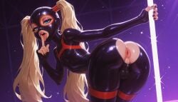 1boy 4k absurd_res ai_generated androgynous anus ass ass_cutout ass_focus bent_over black_bodysuit black_nails blonde_hair blue_eyes bodysuit bulge chest_harness clothing clothing_cutout covered_erect_nipples covered_nipples covered_testicles crossdressing crotch_zipper dancing dark_background erect_nipples_under_clothes femboy finger_licking finger_to_mouth fingerless_gloves from_behind gloves harness hi_res high_resolution highres holding_pole illustrious_(stable_diffusion) jaja_ai landscape large_ass latex latex_bodysuit latex_hood latex_mask leaning_forward licking long_hair looking_at_viewer looking_back makeup male male_only mask motion_lines nail_polish narrow_waist naughty_face open_mouth original otoko_no_ko perineum pole pole_dancing purple_background self_upload shiny shiny_clothes skin_tight slender_waist solo sparkle stable_diffusion standing stripper_pole teeth thigh_strap tied_hair tongue tongue_out trap twin_ponytails twintails uncensored unzipped unzipped_bodysuit very_high_resolution very_long_hair wai-nsfw-illustrious-sdxl wallpaper zipper