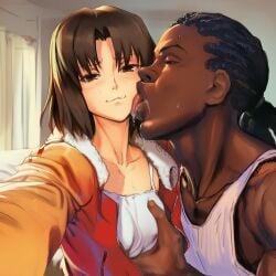 1boy 1girl ai_generated bedroom black_hair blush cheating dark-skinned_male dreadlocks drooling female foreshortening grabbing_another's_breast hazakura151 interracial kara_no_kyoukai licking licking_another's_face light-skinned_female looking_at_viewer medium_breasts naughty_face netorare red_jacket ryougi_shiki saliva seductive_smile selfie smirk smug straight-on taking_picture white_tank_top