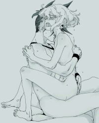2boys a anal anal_sex androgynous blush embarrassed femboy femboy_penetrated galo_thymos gay gay_sex licking lio_fotia monochrome on_lap promare sitting_on_lap size_difference slim slim_male slim_waist twink wholesome wholesome_sex yaoi