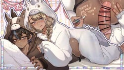 2boys animal_costume animal_ear_hood ass_cutout black_hair blonde_hair blue_streaks body_writing boy_on_top braid brown_eyes clothing_cutout commentary_request crossdressing crossdressing_(mtf) dark-skinned_male dark_skin ear_piercing feminization half-erect happy_new_year hood huge_penis kei_(rokuzukeita) male_focus multicolored_hair multiple_boys on_bed onesie original penis penis_on_ass penpen_(rokuzukeita) piercing pillow rokuzukeita single_braid streaked_hair tan veins veiny_penis