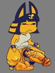 accessory animal_crossing ankha_(animal_crossing) anthro awakecore balls big_penis biped black_eyes blue_hair bracelet breasts clothing cock_ring crouching domestic_cat erection felid feline felis frown genitals gynomorph hair head_accessory intersex jewelry mammal nintendo penis penis_accessory penis_jewelry saggy_balls shirt small_breasts solo topwear vein veiny_penis white_clothing white_shirt white_topwear yellow_body