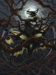 4_toes absurd_res anus belly black_body black_claws blade blade_arm blade_tail bottom_view branch claws detailed_background dragon facial_horn fangs feet female female_feral feral fin firael forest forest_background genitals hi_res horn looking_at_viewer membrane_(anatomy) membranous_wings moon mythological_creature mythological_scalie mythology nature nature_background night nose_horn plant red_anus scalie smooth_skin solo tail tail_anus teeth toes tree unusual_anatomy unusual_genitalia unusual_vulva vulva winged_dragon wings yellow_eyes yellow_insides yellow_vulva