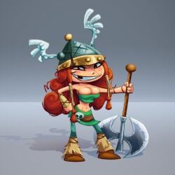 2d abs axe barbara_(rayman) barbarian barbarian_woman bare_midriff bare_shoulders big_breasts boots breasts busty cleavage curly_hair female female_focus female_only full_body helmet hourglass_figure krispysquid64 large_breasts long_hair missing_tooth not_porn princess rayman_(series) rayman_legends red_hair scar skirt standing tagme tube_top wide_hips