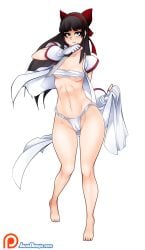 1girls ainu_clothes barefoot black_eyes black_hair blue_eyes breasts cleavage feet female female_only fingerless_gloves fundoshi gloves hair_ribbon half-closed_eyes highres jago_dibuja japanese_clothes king_of_fighters legs long_hair looking_at_viewer medium_breasts nakoruru navel open_clothes ribbon samurai_shodown sarashi snk solo thick_thighs thighs toned weapon