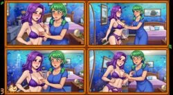 abigail_(stardew_valley) ai_generated aroused aroused_face bed bedroom bedroom_eyes blue_dress blush bra caroline_(stardew_valley) comic comic_page comic_panel daughter embarrassed green_eyes green_hair incest lingerie mirror mother mother_and_daughter nervous no_dialogue older_woman_and_younger_girl panels picture_frame purple_eyes purple_hair purple_lingerie reaching_towards_another stardew_valley staring_at_breasts stockings touching_another touching_breast yuri