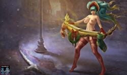 ai_edit ai_edited ai_generated league_of_legends official_art official_artwork_edit pantyhose riot_games silent_night_sona snowdown_series snowdown_showdown_series sona_(league_of_legends) sona_buvelle sonamiku23 topless