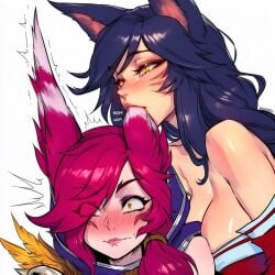 2girls ahri ai_generated bird_ears bird_girl black_hair ear exodia_girl fox_ears fox_girl kitsune league_of_legends red_hair riot_games simple_background teasing uncommon_stimulation xayah yellow_eyes yuri