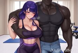 1boy abs ai_generated alternate_costume artist_name bangs bare_shoulders biceps blue_pants blunt_bangs blush braid braided_ponytail breast_grab breasts cleavage closed_mouth collarbone cowboy_shot curtains dark-skinned_male dark_skin denim dumbbell exercise female generic_dark-skinned-muscular_male grabbing grabbing_from_behind groping gym head_out_of_frame heavy_breathing indoors interracial jeans juliatitusart large_breasts long_hair looking_to_the_side midriff mole mole_on_breast mole_under_eye muscular muscular_male nail_polish pants pectorals purple_eyes purple_hair purple_nails raiden_shogun shiny skin_tight smile sports_bra straight sweat tank_top tight tight_pants veins veiny_arms very_long_hair window yoga_pants
