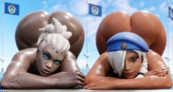 2girls 3d absurd_res ana_amari ass ass_up beret big_ass bubble_ass bubble_butt captain_amari dark-skinned_female dark_skin face_down_ass_up female female_only gilf glowing_eyes hi_res highres nemesis_3d old_ana_amari overwatch shiny_skin sojourn_(overwatch) thick_thighs thighs white_hair