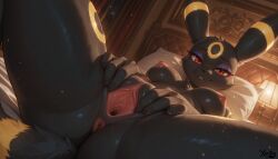 ai_generated anthro bed bedroom breasts eeveelution female inside lying lying_on_bed nipples nude on_back pillow pokemon pokemon_(species) pussy spread_pussy umbreon vulva