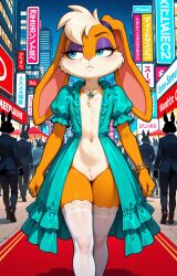 1girls 2026 ai_generated annoyed annoyed_expression anthro blonde_female blonde_hair blue_eyes bracelet city crowd dress eyeshadow fancy_clothing female female_only flat_chest half-closed_eyes hi_res innie_pussy jewelry lola_bunny looney_tunes necklace night pussy rabbit red_carpet thighhighs walking warner_brothers zonoya_(artist)