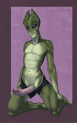 alien animal_genitalia big_penis black_eyes clothing erection genital_slit horn humanoid humanoid_penis kneeling male male_only mass_effect navel penis salarian slit solo underwear unknown_artist video_games