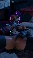 arlequinfox breasts breasts_out_of_clothes dzooworks female female_focus female_only juno_(overwatch) overwatch purple_hair pussy pussy_juice solo_female