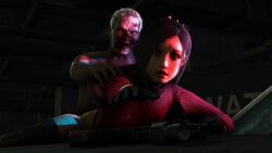 ada_wong asian asian_female black_hair car from_behind gun held_down monster monster_on_female on_top_of_car open_mouth police_car raped_by_monster reaching_out resident_evil shocked_expression source_filmmaker zombie