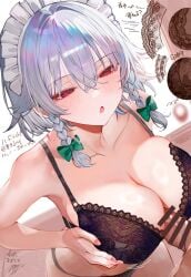 1boy absurdres bar_censor black_bra bra braid breasts censored female grey_hair highres izayoi_sakuya large_breasts maid_headdress paizuri penis perpendicular_paizuri red_eyes sakuya_izayoi straight suujiniku touhou translation_request twin_braids underwear