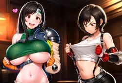 2girls ai_generated annoyed_expression baggy_clothing breast_envy clothes_too_small clothing_swap final_fantasy final_fantasy_vii final_fantasy_vii_rebirth final_fantasy_vii_remake happy huge_breasts loose_clothes small_breasts tifa_lockhart tight_clothing underboob yuffie_kisaragi