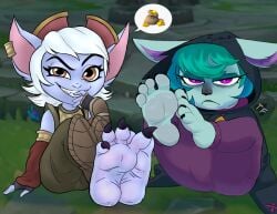 2girls claws foot_fetish furry league_of_legends soles teal_hair toes_spread tristana twisted_furby vex_(league_of_legends) white_hair yordle