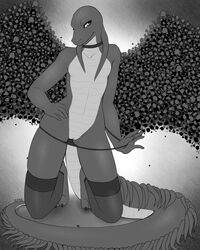 ajna anthro clothed clothing collar digitigrade dragon female frazzledragon greyscale half-dressed legwear looking_at_viewer monochrome pussy scalie slit_pupils solo stockings topless wings