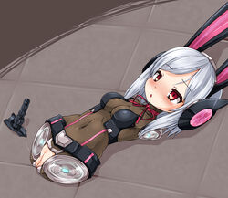 amputee animal_ears blush bunny_ears female kanif long_hair lying on_back pussy pussy_juice quadruple_amputee red_eyes silver_hair small_breasts solo uncensored