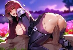 1boy ai_generated big_breasts big_butt clothing cowgirl_position dark-skinned_male fate fate_(series) female huge_ass huge_boobs huge_breasts huge_butt huge_thighs interracial riding scáthach scathach scathach_(fate) sex thick_ass thick_thighs torn