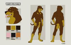 1boy 2014 abs anthro balls brown_fur canine claws fur male male_only mammal model_sheet muscles nude rottweiler sheath smile solo tar0 text tongue tongue_out wylde_rottie wylderottie