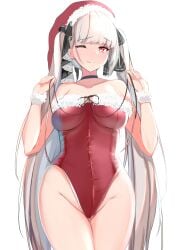 1girls ;q absurdres azur_lane bare_arms bare_chest bare_legs bare_shoulders bare_skin bare_thighs black_bow black_choker bow breasts choker christmas closed_mouth collarbone commentary_request cowboy_shot female formidable_(azur_lane) general groin hair_ornament hairbow hands_up hat highres large_breasts leotard light-skinned_female light_skin long_hair looking_at_viewer nephthys2356 one_eye_closed red_eyes red_eyes_female red_hat red_leotard royal_navy_(azur_lane) santa_hat simple_background smile smiling smiling_at_viewer solo standing thighs tongue tongue_out twintails upper_body v-line very_long_hair white_background white_hair white_hair_female