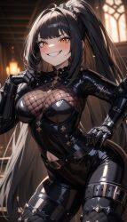 ai_generated amber_eyes belt black_hair breasts fishnets gauntlets grin leather smile smiling smiling_at_viewer wanton_excess