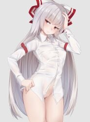 bare_legs bare_thighs bottomless breasts covered_breasts covered_nipples edit edited fujiwara_no_mokou gray_hair grey_hair hair hair_ornament hair_ribbon momendoufu naked_shirt no_panties pantless puffy_pussy pussy pussy_peek red_eyes ribbon see-through see-through_clothing shirt tagme third-party_edit touhou vulva