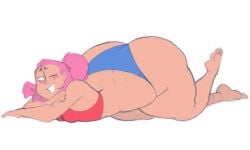 1girls ass_cleavage ass_focus big_ass bottom_heavy brawl_stars butt_crack elpiromanias female female_only huge_ass janet_(brawl_stars) laying_down lying pink_hair solo thick_thighs wide_hips