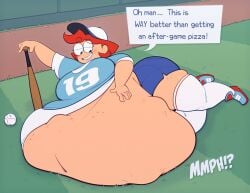 1girls alternate_version_available baseball_(sport) baseball_bat baseball_cap baseball_field belly belly_button fat_ass fat_female fat_fetish fatty laying_down laying_on_back laying_on_ground laying_on_side messy_(ridiculouscake) obese obese_female ridiculouscake talking_to_self text text_box text_bubble vore vore_belly vore_warning
