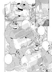 4_fingers anthro bear biped claws comic eyebrows fingers flaccid fur genitals hi_res kumamoto_(character) male mammal monochrome open_mouth open_smile overweight overweight_anthro overweight_male partially_submerged penis smile speech_bubble tail takemoto_arashi water watermark