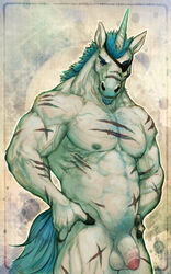 1boy 2014 abs anthro areola balls beard biceps big_muscles blue_eyes blue_hair blue_tail clothing equine eye_patch eyewear facial_hair flaccid front_view fur hair hands_on_hips horn humanoid_penis inorog looking_at_viewer male male_only mammal mane muscles nipples nude pecs penis plain_background pockyrumz pose scar solo standing toned uncut unicorn vein white_fur