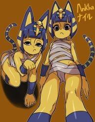 2021 5_fingers absurd_res abyssinian_cat all_fours animal_crossing ankha ankha_(animal_crossing) anthro bangs blue_ears blue_hair blue_markings blue_stripes bob_cut brown_background camel_toe digital_drawing_(artwork) digital_media_(artwork) domestic_cat english_text felid feline felis female female_anthro fingers flat_chested frown fur glistening glistening_body hair hi_res japanese_text low-angle_view mammal markings mouth_closed mummy_wrappings narrowed_eyes nintendo paw_pose pointy_ears portrait pose prick_ears short_hair simple_background solo striped_markings striped_tail stripes tail tail_markings text three-quarter_portrait uraeus waa153 yellow_body yellow_face yellow_fur yellow_inner_ear yellow_text