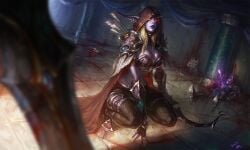 1girls arrows background_death banshee_(warcraft) big_breasts blonde_hair blood bow breastplate cape corpse crouching death elf elf_ears female hood long_hair male_death purple_skin red_eyes sylvanas_windrunner tagme undead warcraft world_of_warcraft zg