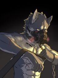 2024 3:4 abs anthro athletic athletic_anthro athletic_male athletic_sub az0000 barazoku biped canid canine canis collar countershade_fur countershading cuff_(restraint) fur gas_mask grey_body grey_fur handcuffs hi_res leash leashed_collar male mammal mask metal_cuffs pecs restraints solo submissive submissive_anthro submissive_male white_body white_countershading white_fur wolf yellow_eyes