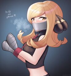 blonde_female blonde_hair blush blushing_female bondage bound bound_hands breasts collar collared cynthia_(pokemon) female female_focus female_only gag gagged human human_only humanoid jadecutie looking_at_viewer pokemon rope submissive tape tape_gag taped_hands taped_mouth white_skin