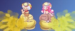 1boy 1girls big_ass blush captain_toad captain_toad_treasure_tracker clothed cute enjoying_farting enormous_ass fart fart_cloud fart_fetish farting farts female headgear kirbyoblue1 looking_back male mario_(series) slapping_butt toadette tuba yoshizilla