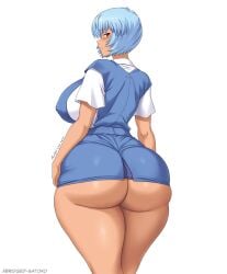 abridged-satoko alternate_breast_size alternate_skin_color ass ass_focus blue_hair bottomless dark-skinned_female dark_skin fat_ass female neon_genesis_evangelion red_eyes rei_ayanami school_uniform short_hair thick_ass